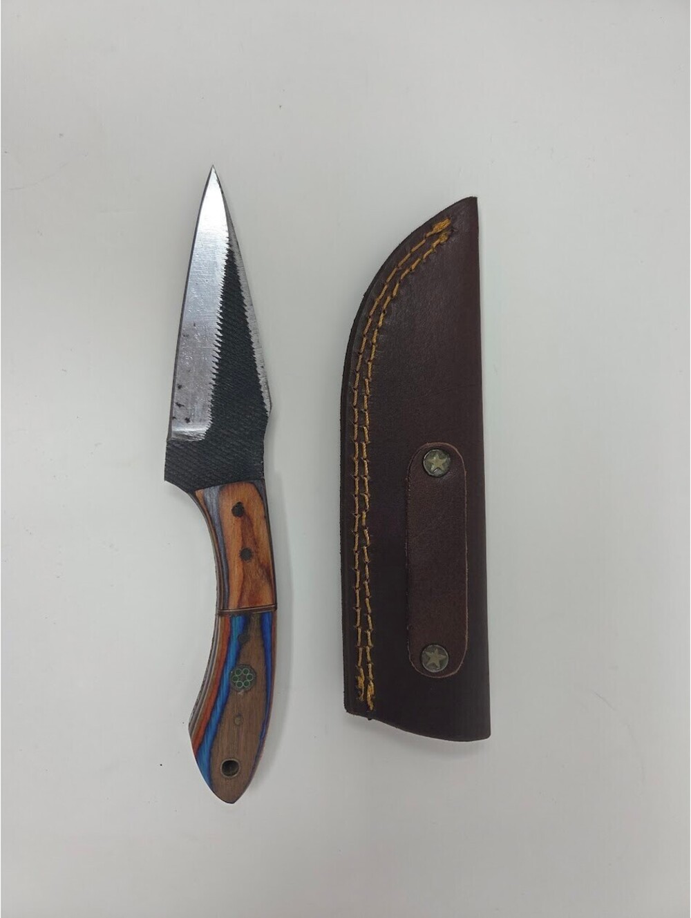 Hand Forged Fixed Blade Knife With Leather Sheath Multicolor Wood Handle 7 Inch